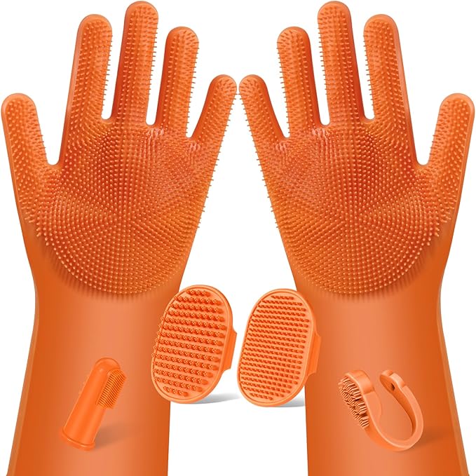 6PCS Pet Grooming Kit for Dogs,Cats and Horses | Dog Washing/Bath Gloves | Dog Bath Brush | Shampoo Brush | Pet Grooming Gloves | Dog Bath Supplies (Orange)