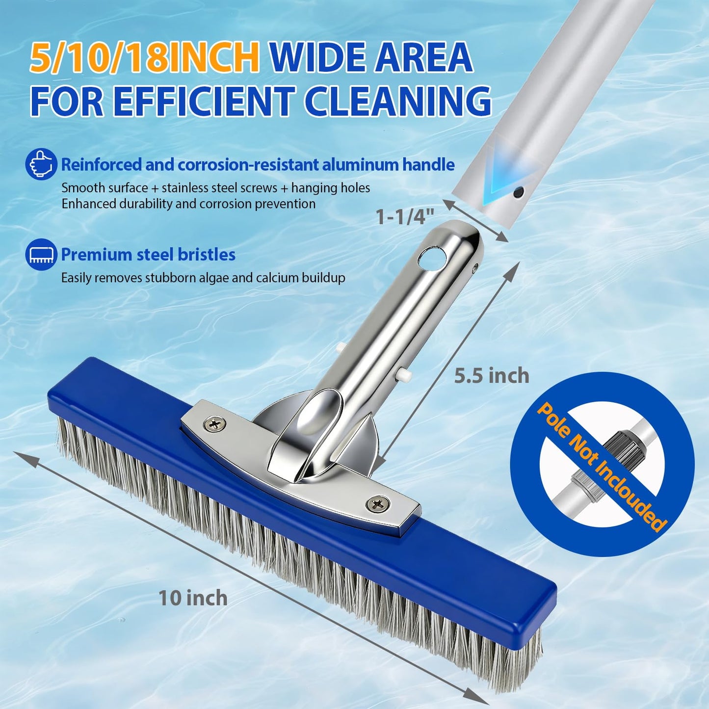 10-Inch Pool Brush Head - Combo Nylon & Stainless Steel Wire Bristles, Heavy Duty Metal Pool Brush for Extra Scrubbing Power, for Cleaning Inground Pool Tiles, Concrete, Walls, Floor, Steps, Corners
