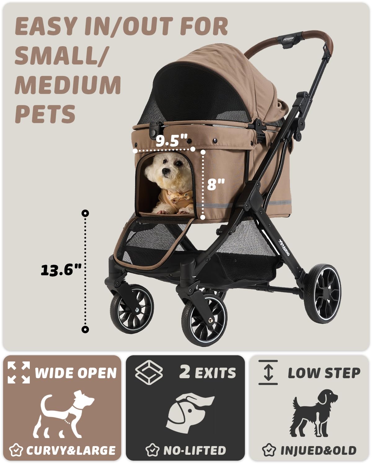 797Audio Dog Stroller for Small Medium Dogs,Pet Stroller for Cats Puppy Up to 121lbs,Foldable,One Click Folding,4 Wheel Shock Absorption,Adjustable Canopy with Sun Shades,Removable Washable Pad(Brown)