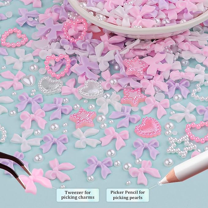 600pcs 3D Charms and Pearls Set - Pink, White, Lilac Nail Bows, Stars, Hearts + White Pearls (2-4mm) - DIY Decoration Tools