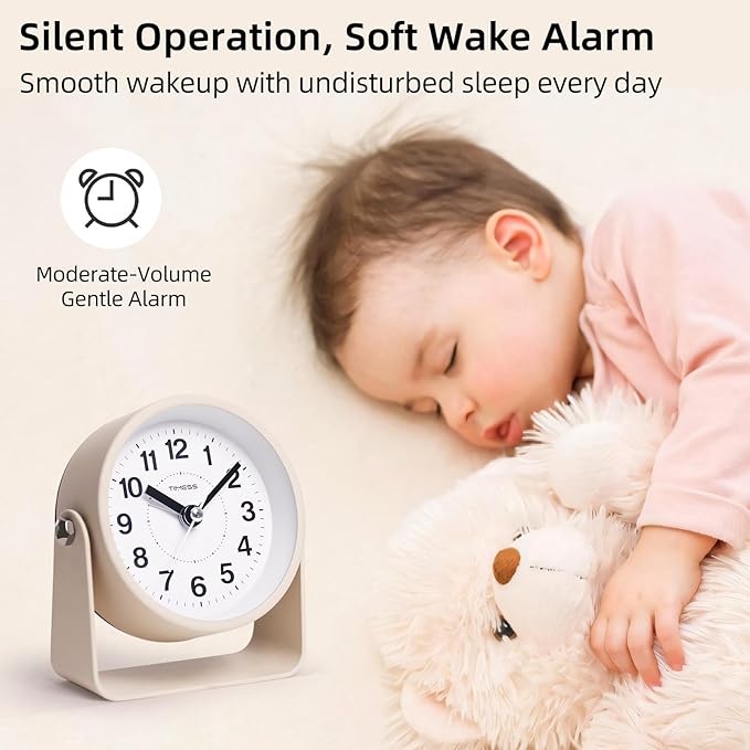 TIMESS Analog Alarm Clock, Silent Non-Ticking Quartz Movement, Battery-Operated with Snooze & On-Demand Light, Easy to Set Gentle Wake Bedside Desk Clock, Ideal for Home, Travel, Office (Yellow)