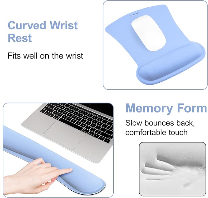 MOSISO Wrist Rest Support for Mouse Pad & Keyboard Set, Ergonomic Mousepad Non-Slip Base Home/Office Pain Relief & Easy Typing Cushion with Neoprene Cloth & Raised Memory Foam, Air Blue