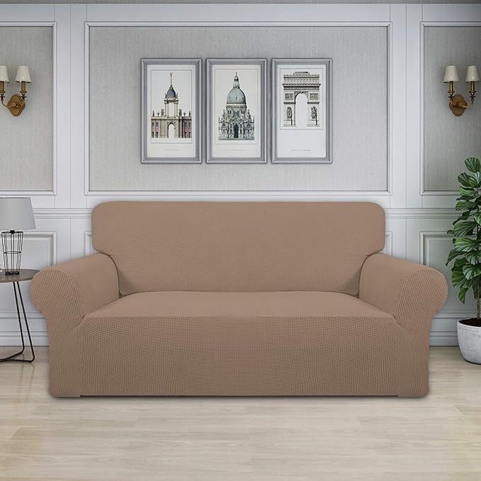 Easy-Going Stretch Oversized Loveseat Slipcover 1-Piece Sofa Cover Furniture Protector Couch Soft with Elastic Bottom for Kids Polyester Spandex Jacquard Fabric Small Checks Camel
