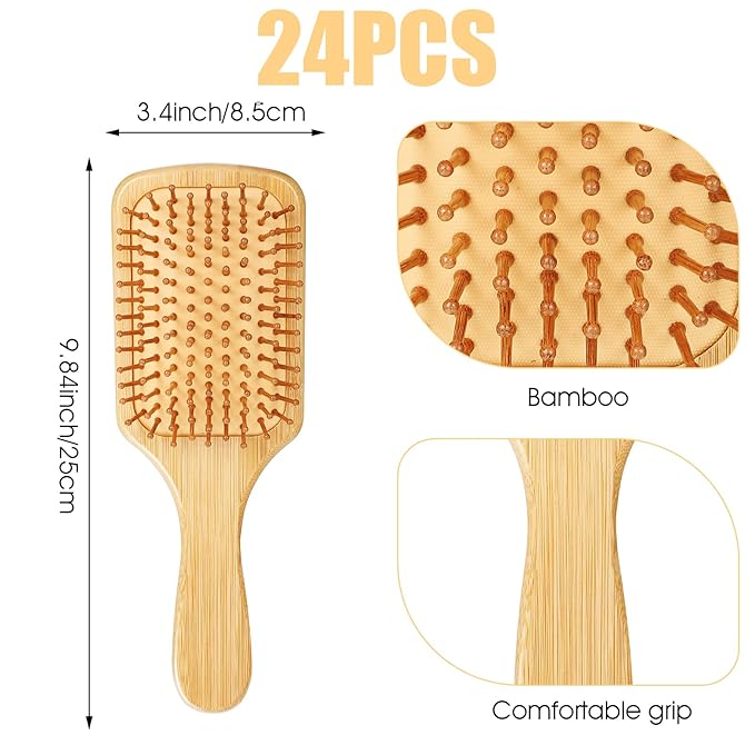 10 Pcs Bamboo Hair Brush, Bulk Round-tipped Bamboo Bristles Detangling Brush Paddle Lightweight Massage Anti Static for Women Men and Children, Stimulates Scalp for Hair Growth (Large, Count, 24)