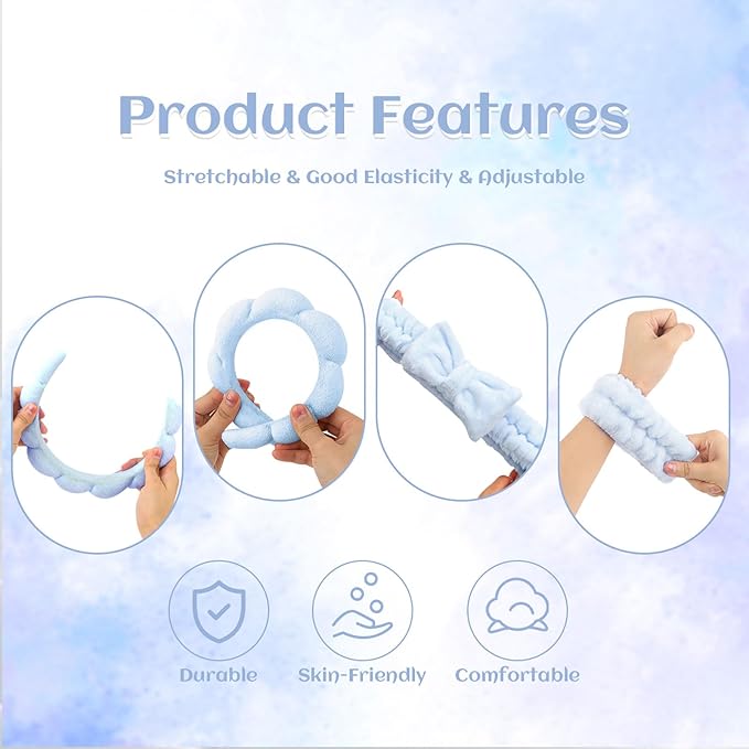 6 Pcs Puffy Terry Cloth Headbands and Wristbands - Sponge Makeup Removal Shower Masks for Skincare and Face Washing
