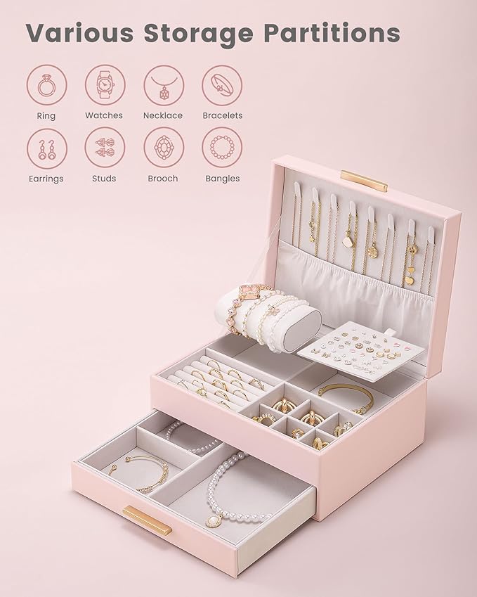 Lolalet 2-Layer Jewelry Box Organizer for Women Girls, Jewelry Storage Case Holder with Drawers for Necklaces Ring Earrings Bracelet Watch, Gifts for Galentines Valentines Girlfriend Wife -Pink
