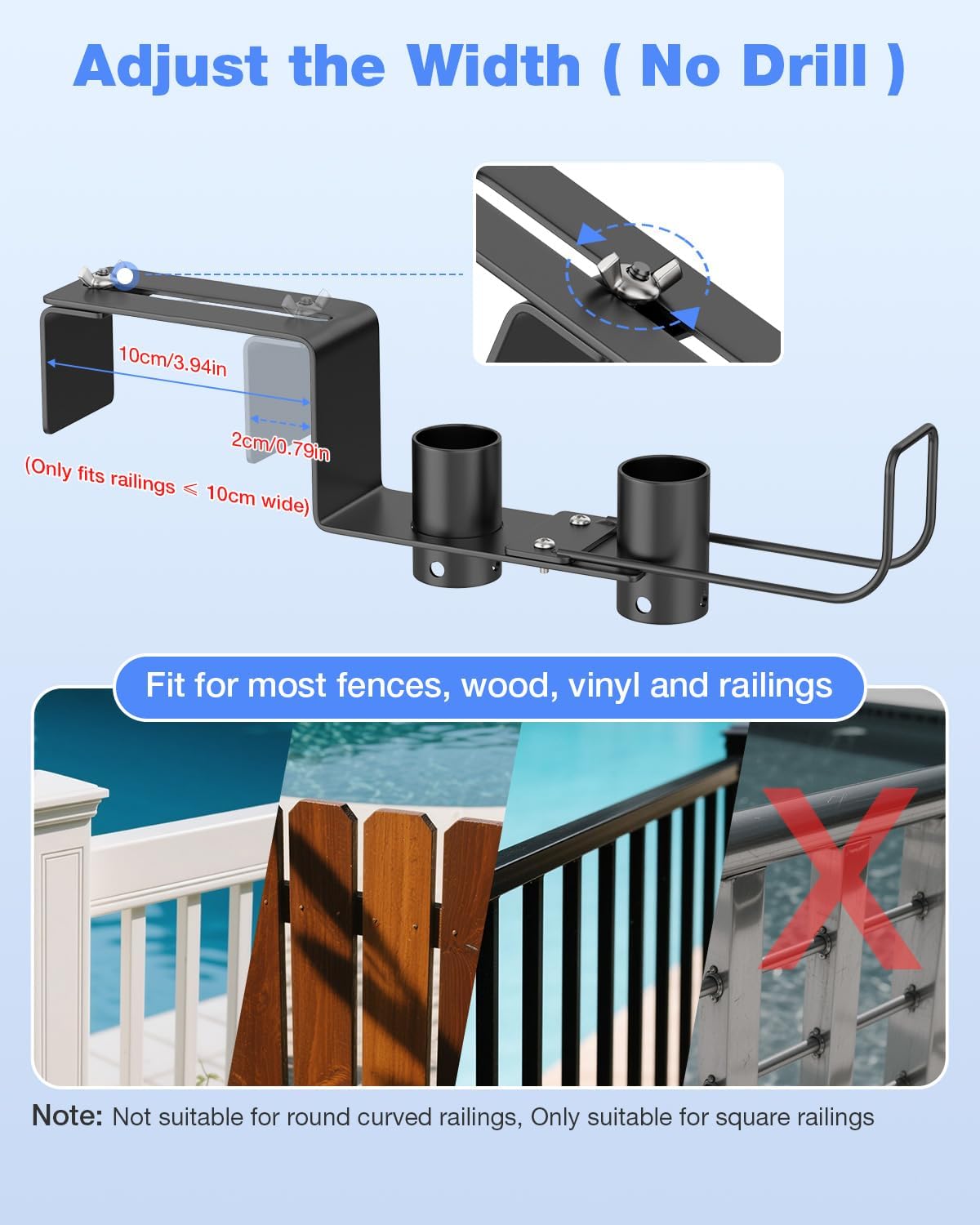 Pool Fence Hooks Adjustable, Heavy Duty Metal Hanger for Pool Equipment, Skimmers, Poles, Brushes, Vacuum Hose, Rust-resistant, no Drill, 2 Pack, Fits 0-10 cm Fences - Pool Accessories Storage