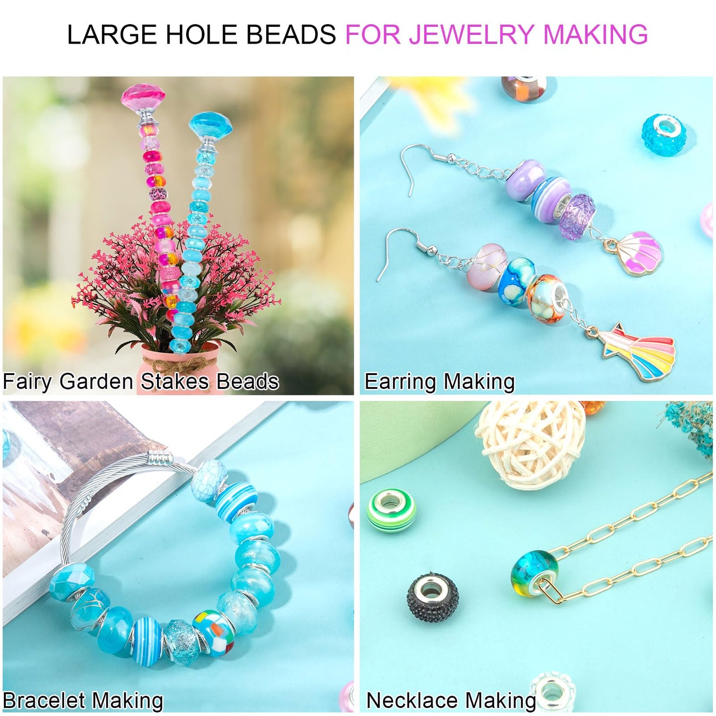200 Pieces Large Hole Beads Spacer Bead Champagne Assorted European Craft Big Beads Large Hole Lampwork Murano Fairy Wand Garden Bead for DIY Pens Bracelet Necklace Keychain Jewelry Making Supplies