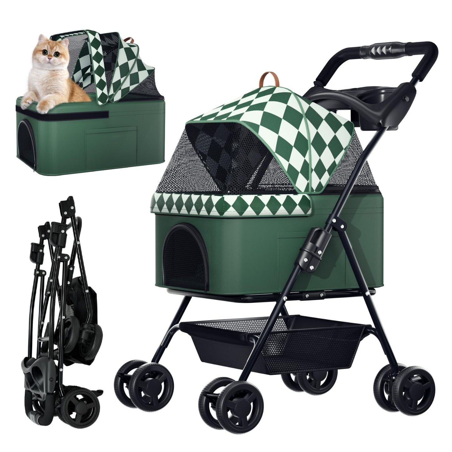 PUPIHOM Foldable pet Stroller for Cats with Detachable Weather Cover, 4 Wheels Pet Strolling Cart for Dogs and Cats with Storage Basket and Cup Holder（Green）