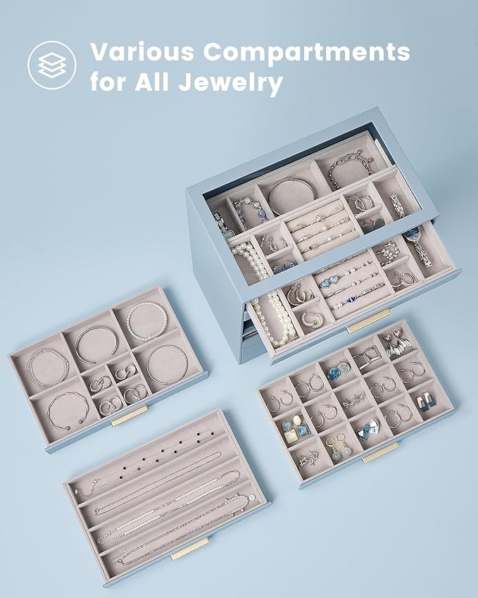 Lolalet Jewelry Box Organizer, 8-Layer Jewelry Organizers and Storage Case with Glass Lid, Ring Earring Bracelet Necklace Holder Organizer, Birthday Valentine Gifts for Women Girls -8Layer, HazeBlue
