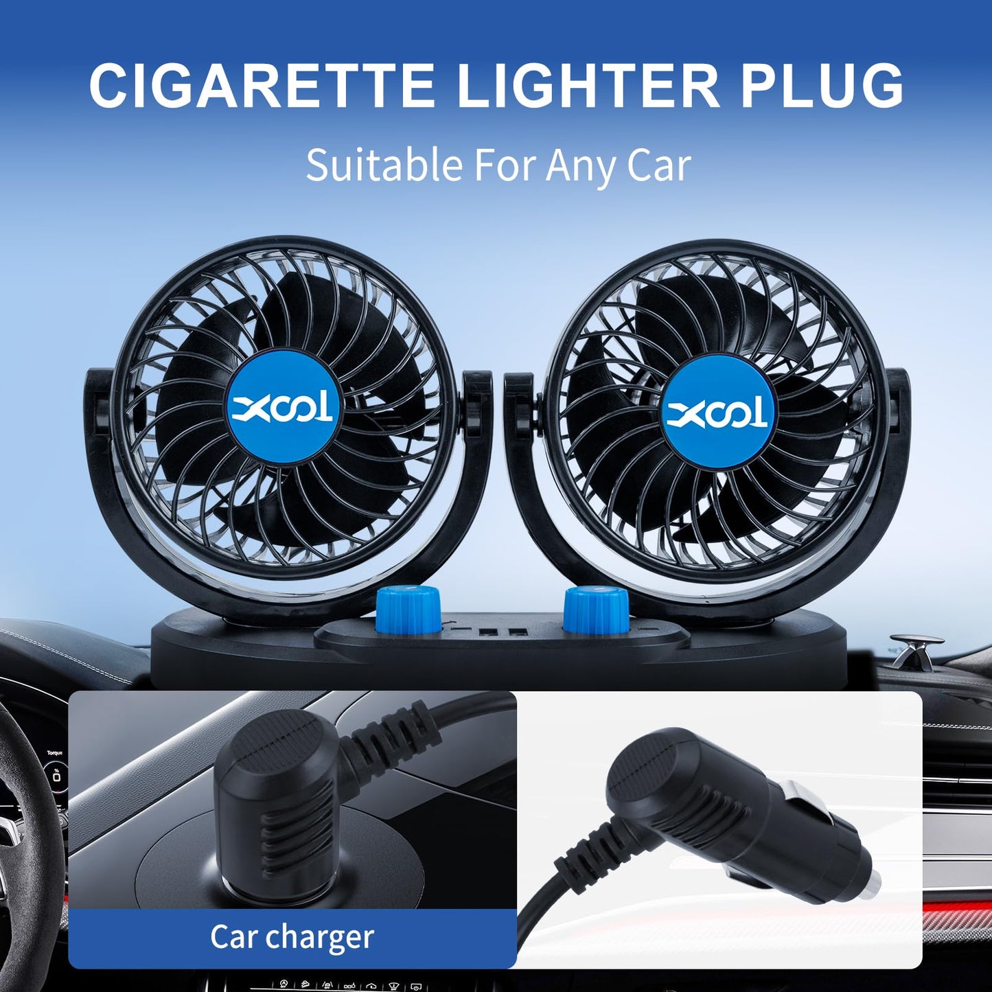 XOOL 12V Dual Head Car Fan – 2-Speed 360° Rotatable Cooling Fan with 2 USB Charging Ports Quiet Strong Airflow for Truck, Van, SUV, RV & Boat
