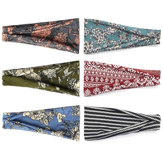 YONUF Boho Headbands For Women Fashion Wide Headband Yoga Workout Head Bands Hair Accessories Band 6 Pack