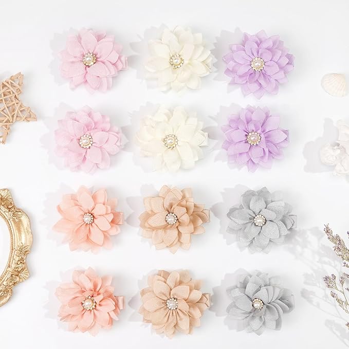 DeD 40PCS 2.3" Chiffon Flower Hair Bows Clips with Rhinestone Flower Tiny Hair Clips Fine Hair for Girls Infants Toddlers Set of 20 Pairs