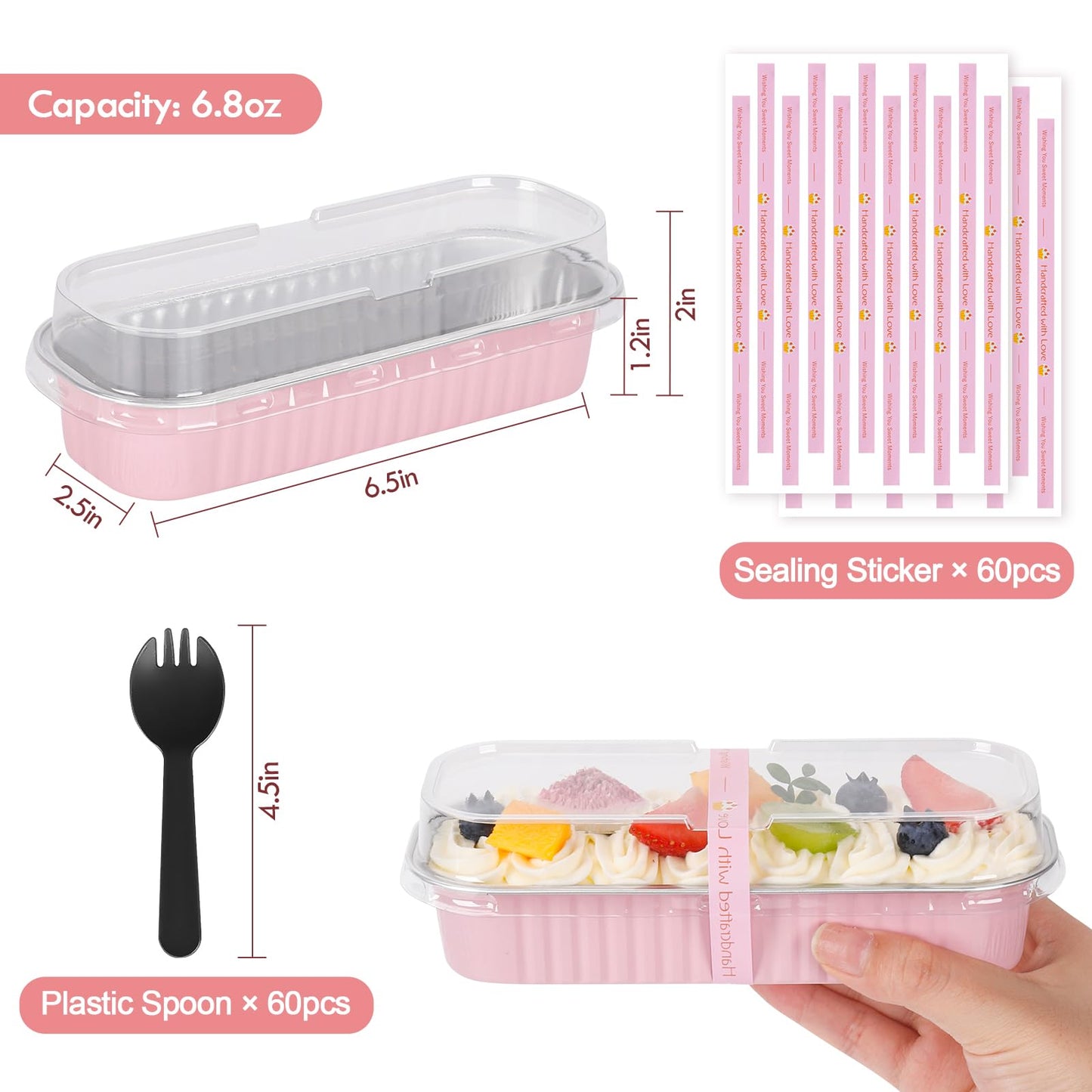 YQER 60 Pack Mini Loaf Pans with Lids and Spoons Sealing Sticker, 6.8oz Mini Cake Pans for Baking, Disposable Aluminum Foil Loaf Pans, Pink Loaf Baking Pans, Small Cake Containers With Lids