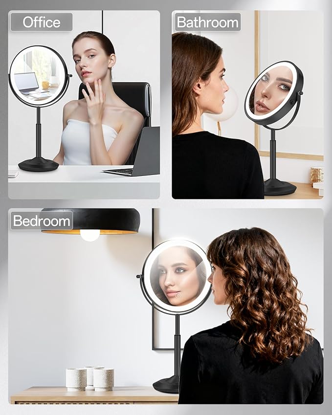VFD 30X/1X Makeup Mirror with Lights, Height Adjustable Lighted Magnifying Vanity Mirror with 3 Lighting and Adjustable Brightness, 3000mAh Rechargeable Double Sided Switch for Desk Women Gift