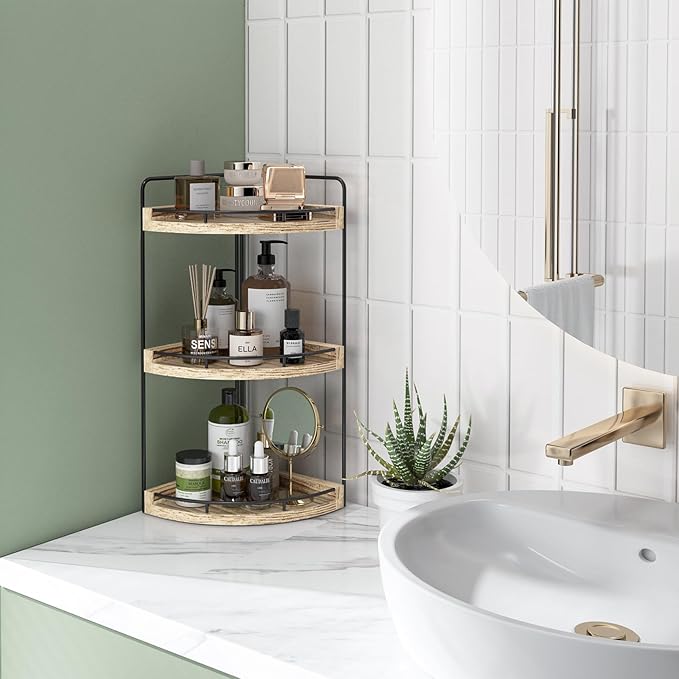 Fixwal Bathroom Counter Organizer, 3 Tier Rustic Bathroom Shelves Corner Organizer, Wood Countertop Storage Tray for Vanity, Kitchen, Bedroom (Light Brown)