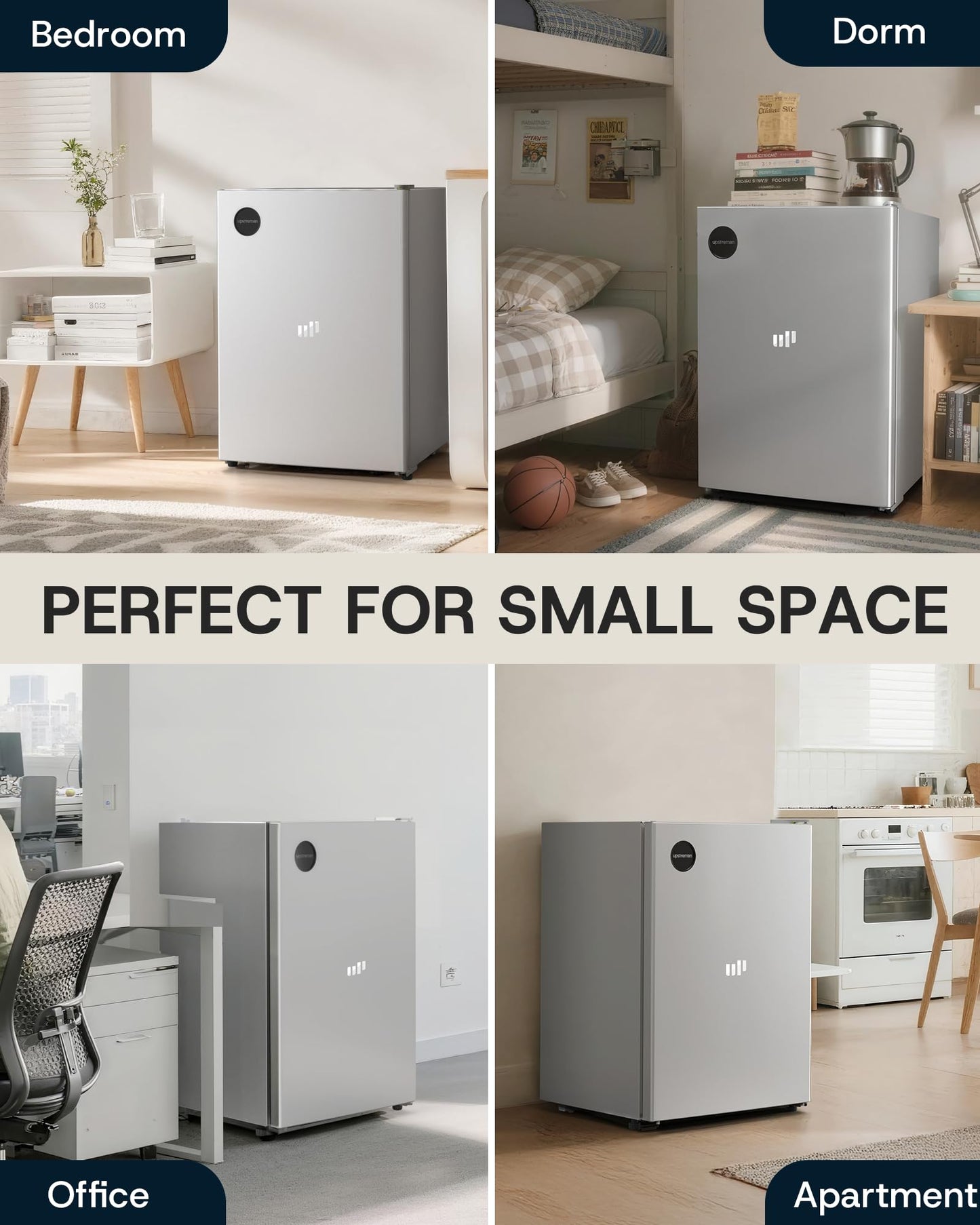 Upstreman 2.5 Cu.Ft All-Refrigerator Mini Fridge, Single Door Small Refrigerator, Dorm Fridge with 7 Adjustable Thermostat, Compact Refrigerator for Office, Bedroom or Dorm, Silver-CR26