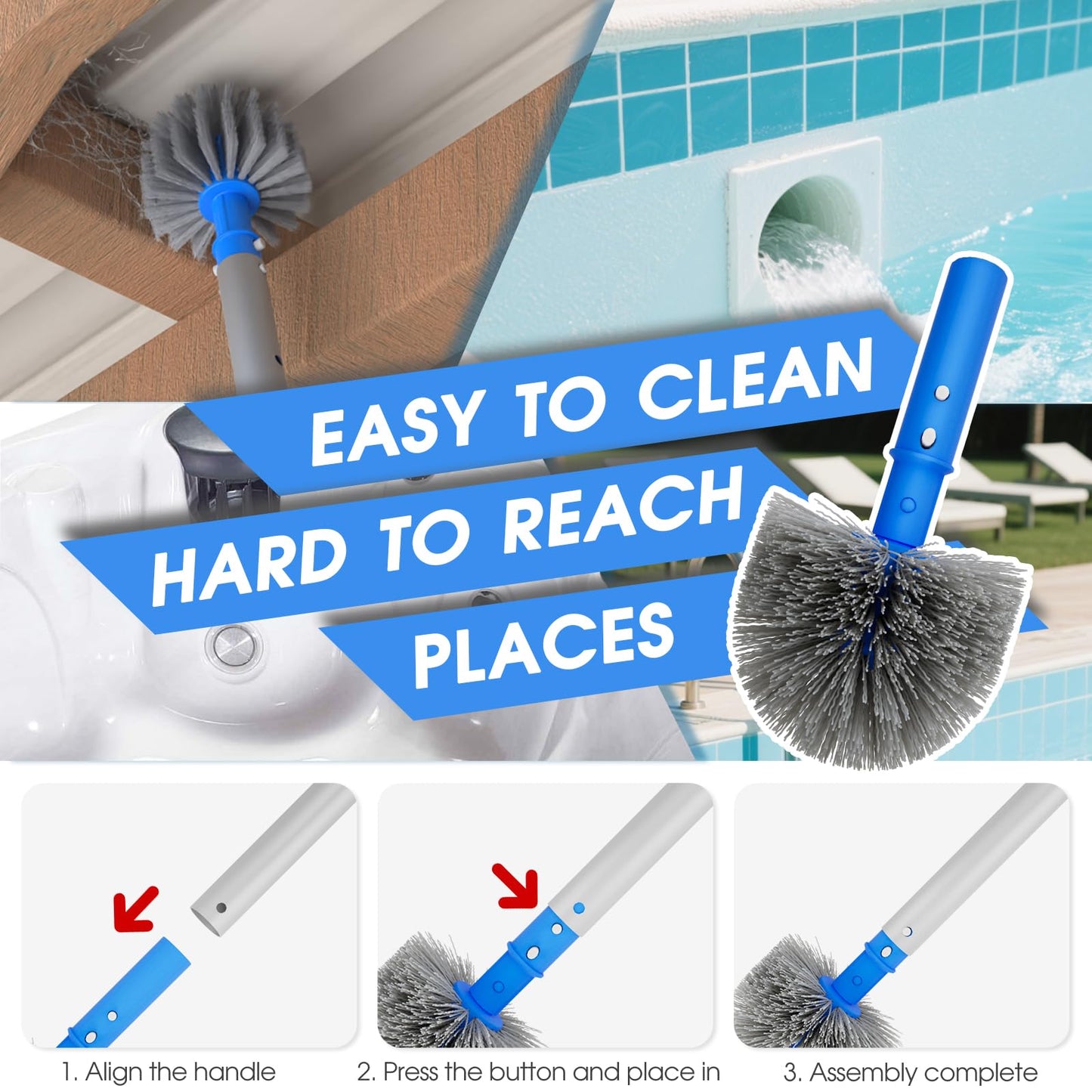 TidyMister 3-in-1 Pool Cleaning Kit Full Set - 18in Rounded End Pool Brush & Ergonomic Pool Vacuum Head with Wheels& Pool Nylon Net Fine Mesh for Above Ground In-ground Pools, Spas, Hot Tubs
