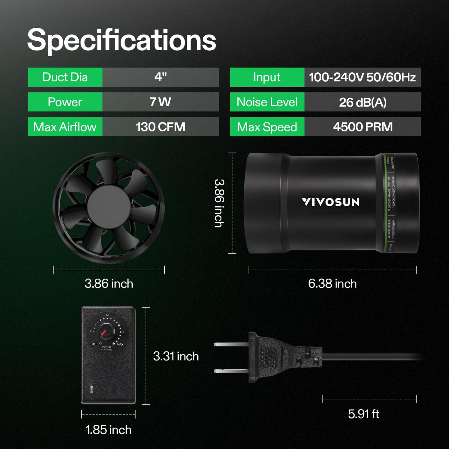 VIVOSUN 4" Inline Exhaust Fan & Speed Controller, Low Noise Workshop 130 CFM Duct Fan for HVAC Ventilation, Vent Booster Fan in Grow Tents, Basements, Bathrooms, Kitchens, Attics and 3D Printer
