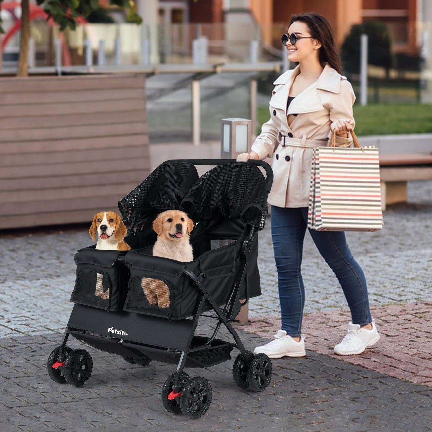 PETSITE Double Pet Stroller, Foldable Double Dog Stroller with 2-Seater Carrier, Adjustable Sunshade, Removable Pad, Safety Belt, Storage Basket, 4-Wheel Pet Travel Cart for 2 Puppies & Cats (Black)