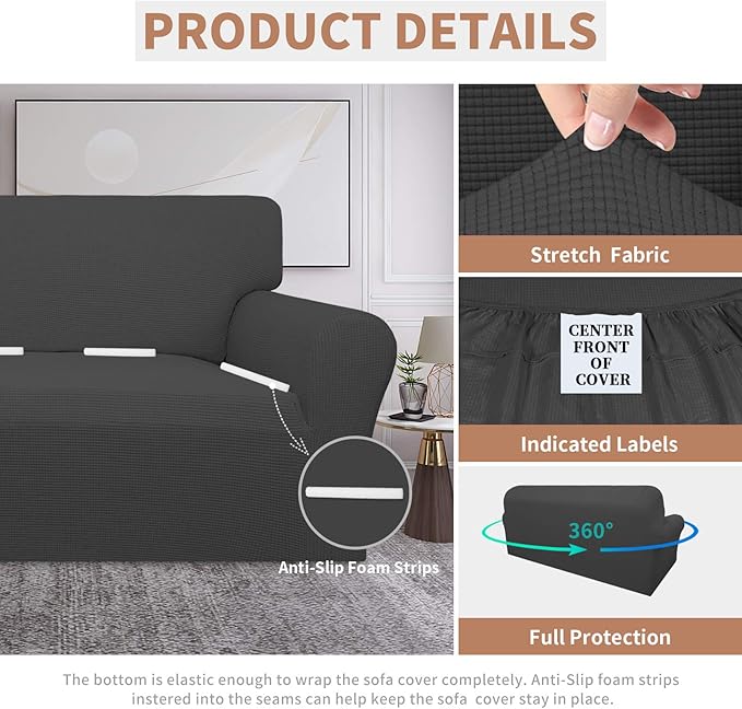 Easy-Going 100% Waterproof Couch Cover, Dual Sofa Stretch Jacquard Slipcover, Leakproof Furniture Protector for Kids, Pets, Dog and Cat (Sofa, Dark Gray)