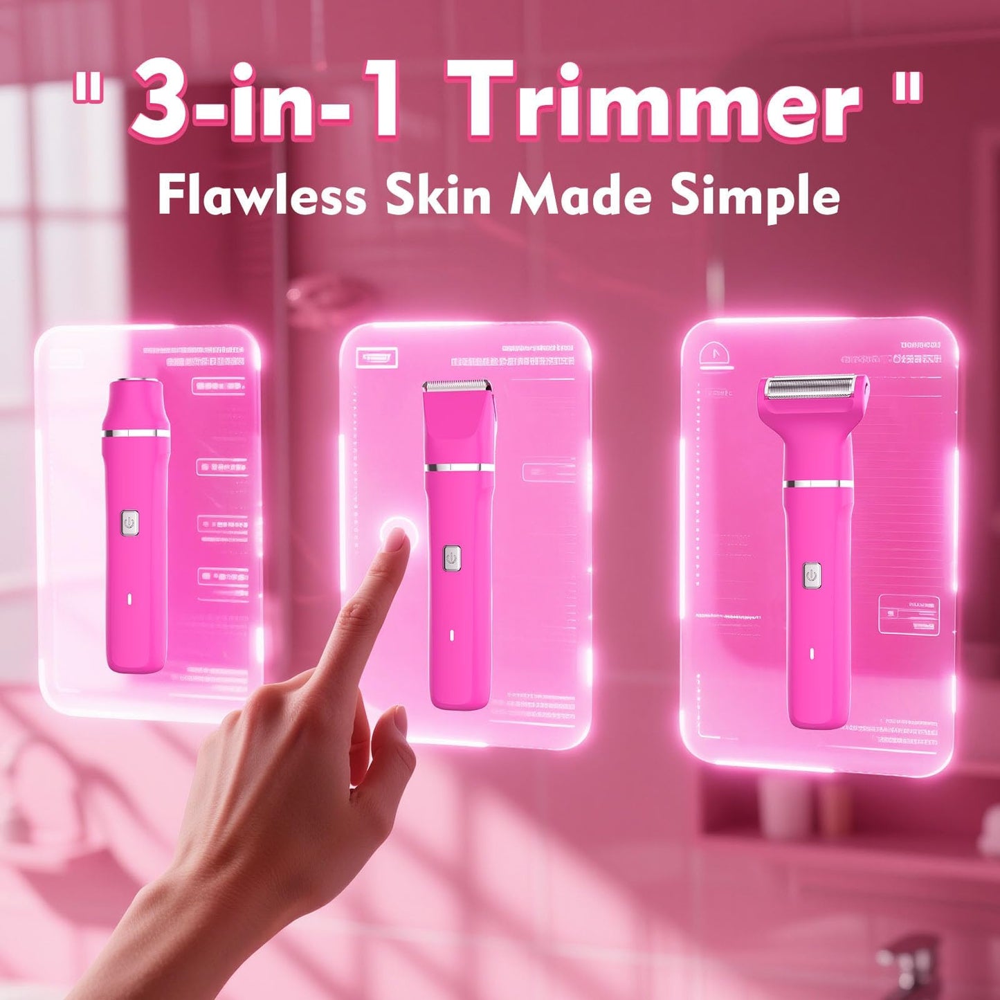 Bikini Trimmer for Women - IPX7 Waterproof Pubic Hair Remover for Shower & Travel, 3-in-1 Bikini Trimmer with Body/Round/Curved Heads, Hypoallergenic Foil & Ceramic Blades, Self-Care Gifts for Women
