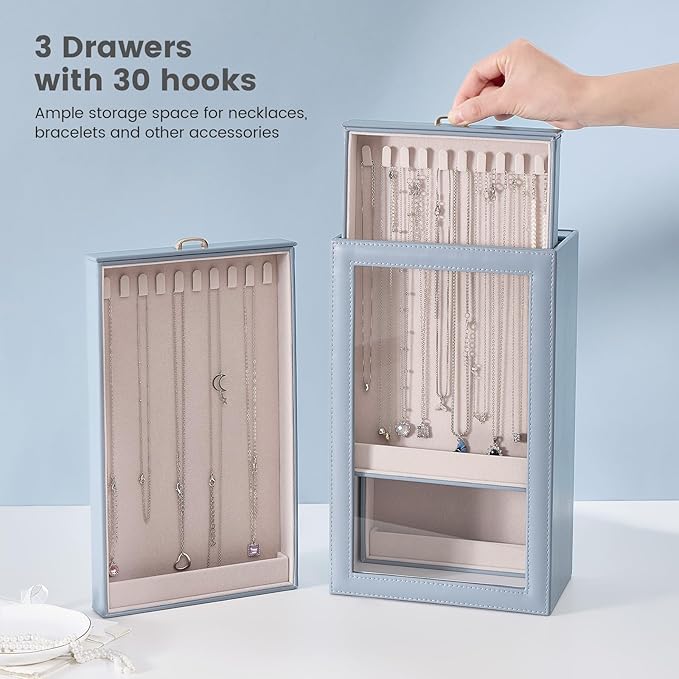 Lolalet Necklace Organizer Box, Jewelry Storage Box with Clear Window for Necklaces Bracelets, Tangle-Free Necklace Display Case for Women Girls -Dusty Blue, 3 Layers 30 Hooks