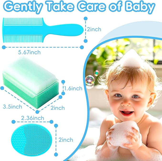 Cradle Cap Brush for Babies, Set of 5 Baby Bath Essentials with Bath Sponge Silicone Scrubber Long Handle Comb for Newborns Toddlers Boys Girls (Green)