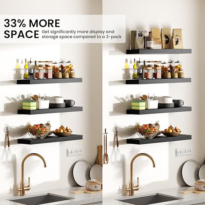 BAYKA Floating Shelves for Wall, 15.7in Wall Mounted Rustic Wood Shelves for Bathroom, Bedroom, Living Room, Kitchen, Hanging Shelf for Books/Storage/Room Decor with 22lbs Capacity (Black, Set of 4)