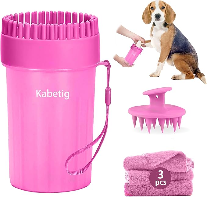 Dog Paw Cleaner Kit for Medium & Small Dogs - Quick Clean No Full Bath, 2-in-1 Paw Wash Cup with Detachable Silicone Brush Head, Includes Bath Brush & 3 Absorbent Towels, Pink