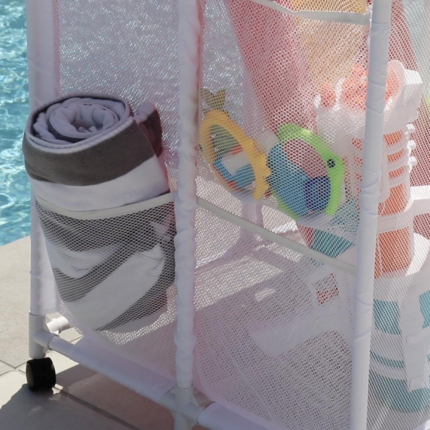 Essentially Yours Pool Storage Equipment Organizer Holder - Noodles, Toys, Balls and Floats Mesh Rolling Double Decker Bin, Large with Noodle Holder, (35.3" W x 23" L x 59.4" H), White Style 561935