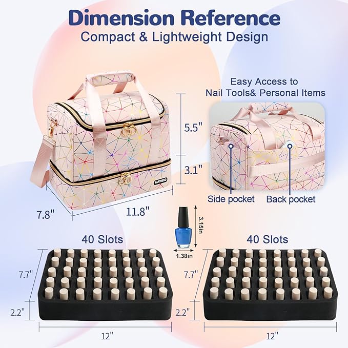 Nail Polish Organizer Holds 80 Bottles (15ml/0.5 fl.oz)& Nail Lamp, PU Leather Nail Organizers and Storage Bag with Shoulder Strap, Portable Nail Supplies Kit Organizer Carrying Case (Pink)