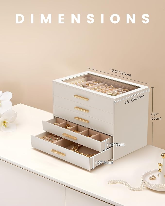 Lolalet Jewelry Box Organizer, 5-Layer Jewelry Organizers and Storage Case with Glass Lid, Ring Earring Bracelet Necklace Holder Organizer, Birthday Valentine Gifts for Women Girls -5Layer, Beige