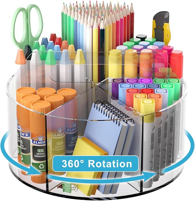 Rotating Markers Organizer for Kids, Acrylic Lazy Susan Organizers for Desks, 360 Degree Spinning Pencil Holders Pen Holders, Clear Arts and Crafts Organizer Storage, Art Supply Storage 6 Compartments