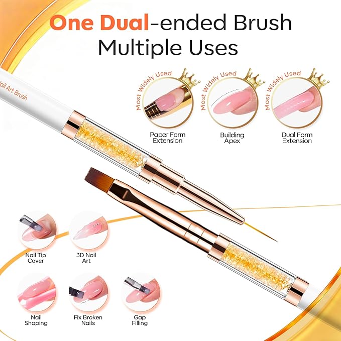 Modelones 2Pcs Double Ended Builder Gel Brush for Nail Extension French Tip Brush Liner Hard Poly Gel Application Cleaning Brush Nail Art Tools Supplies for Salon & DIY