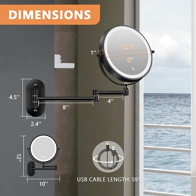 Auxmir 1X/30X Wall Mounted Lighted Makeup Mirror, 8" Rechargeable Double-Sided Magnifying Mirror with Light, Touch Dimmable 3 Color Light, 360° Rotation Foldable Extended Arm, Black