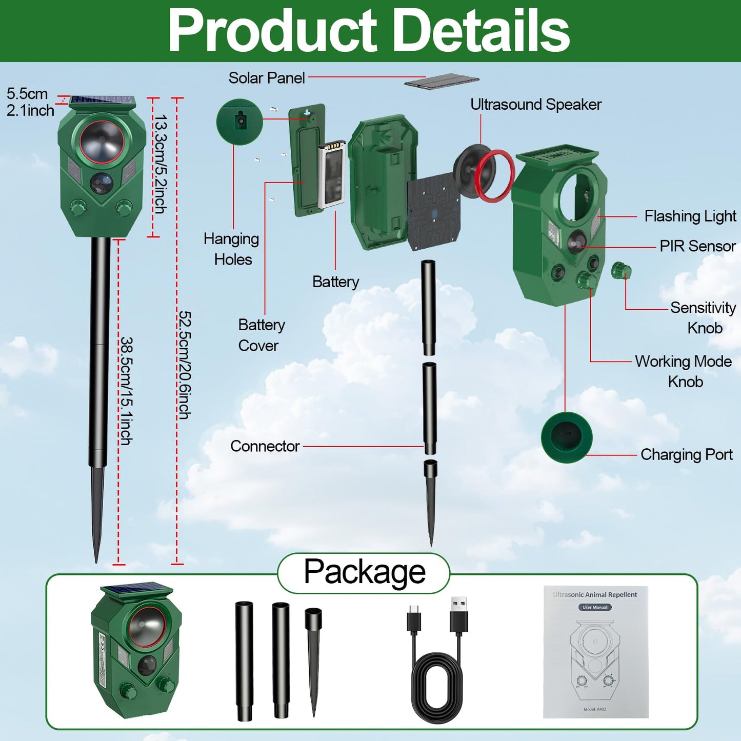 Ultrasonic Animal Repeller Outdoor,Cat Repellent & Deterrent with PIR Sensor & Flashing Light,Solar Powered Deer Repellent Device for Squirrels,Raccoons,Skunks,Rabbits,and Dog,IP65 Waterproof - 2 Pack