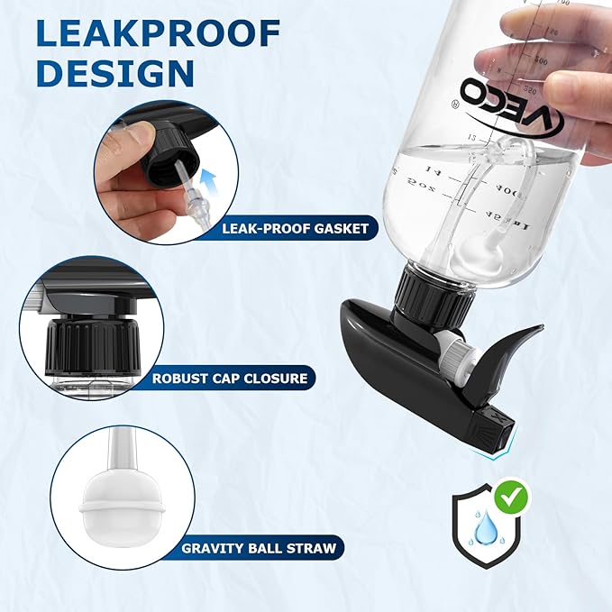 Veco 500mL (17oz) Graduated Spray Bottles, 4-Pack — 360° Any-Angle Spraying for Easy Dilution, Leak-Resistant spray bottles for Cleaning, Plants, Hair & Pet Use + Foldable Funnel