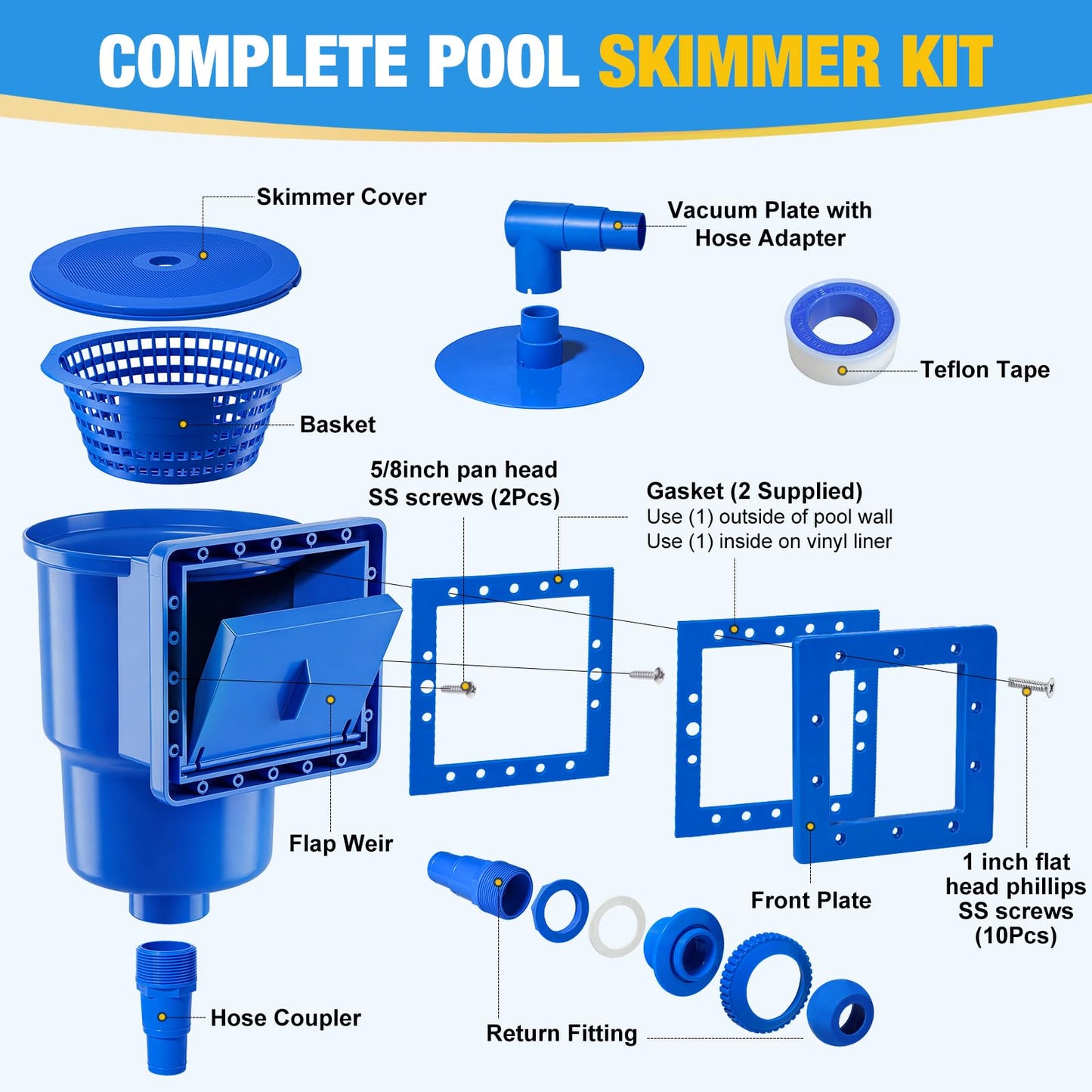 Above Ground Pool Skimmer, Heavy Duty Through-Wall Mount Pool Skimmer Kit with Accessories, Universal Fit for Standard Wall Openings, Klein Blue in-Wall Surface Skimmer Includes Leak-Free Teflon Tape
