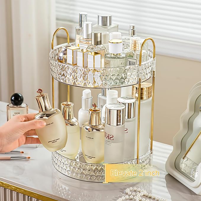 Rotating Makeup Organizer for Vanity, 2 Tier Perfume Skincare Storage for Women, Bathroom Counter Organizer, 360ÃÂ° Spinning Cosmetic Holder for Dresser Countertop, Clear