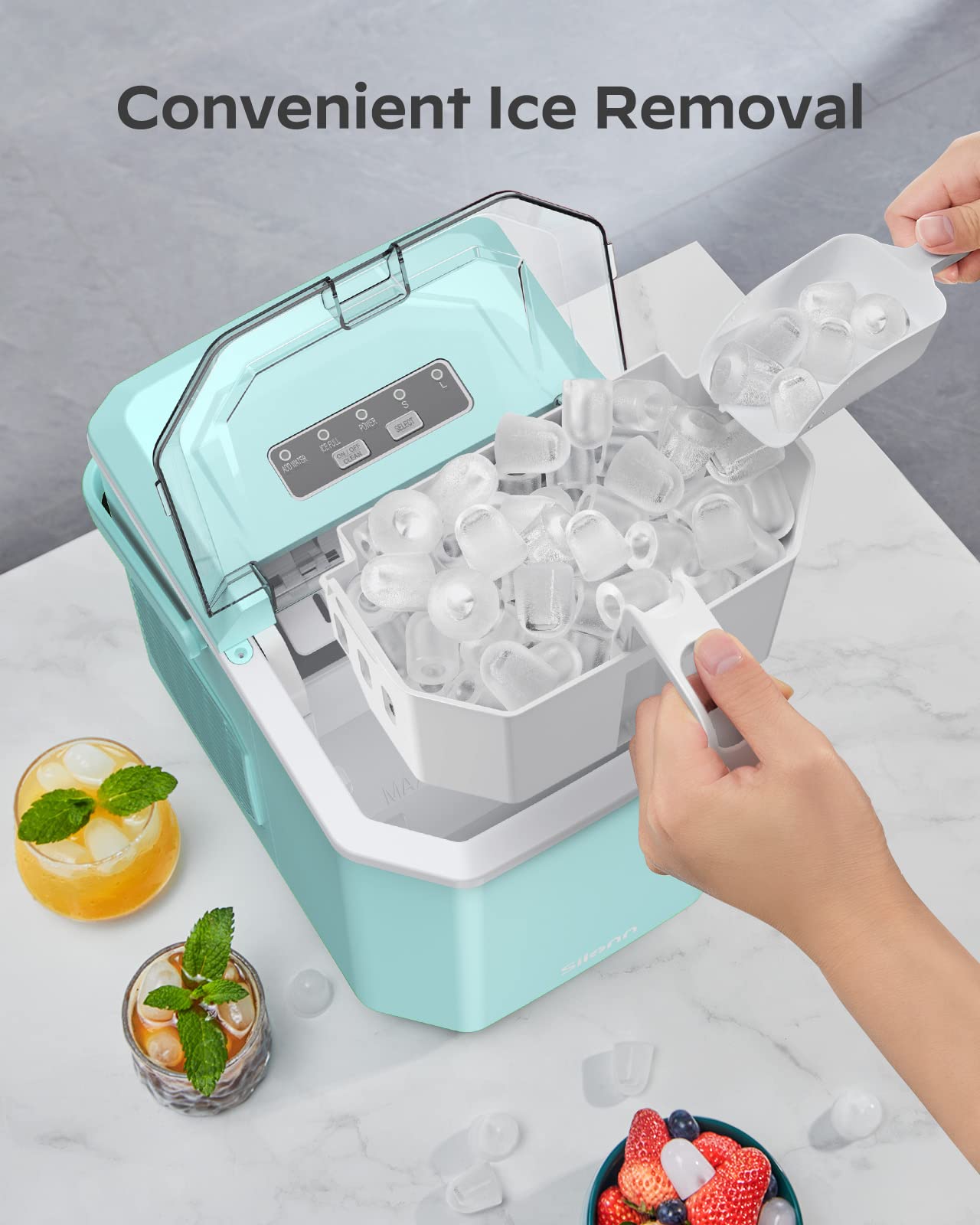 Silonn Ice Maker Countertop Machine with Handle, 26lbs in 24h, 9 Ice Cubes Ready in 6 Mins, Self-Cleaning Ice Makers with Basket and Scoop, Ideal for Home Kitchen Camping, Green