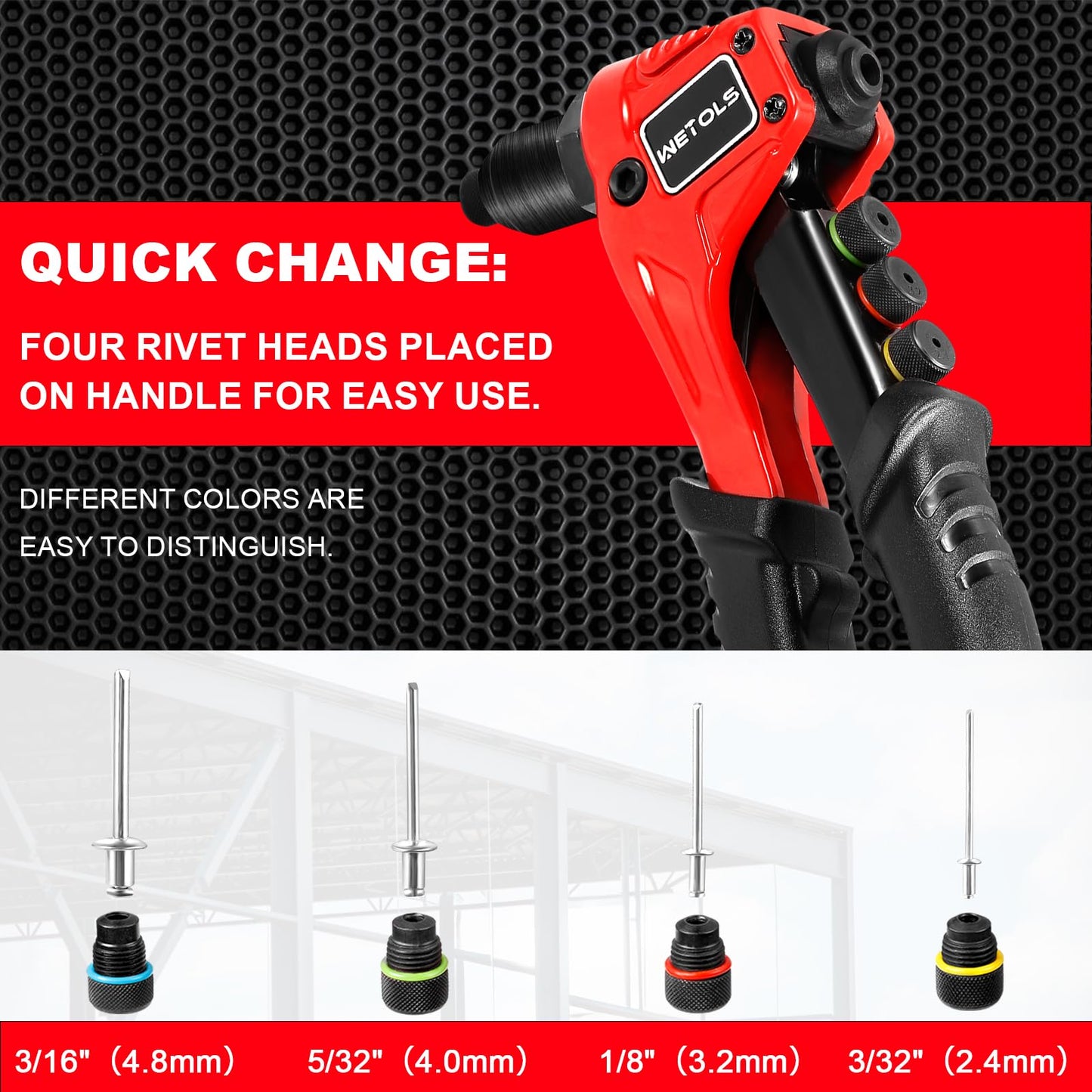 WETOLS Pop Rivet Gun Kit with 200 Blind Rivets, Upgraded Manual Single Hand Riveter with 4 Tool-Free Interchangeable Rivet Heads and 4 Drill Bits, Pop Rivet Tool Kit with Sturdy BMC Carrying Case