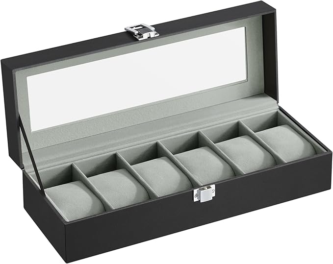 SONGMICS Watch Box, 6-Slot Watch Case Organizer with Large Glass Lid, Removable Pillows, Gift for Loved Ones, Black Synthetic Leather, Greenish Gray Lining UJWB06BK