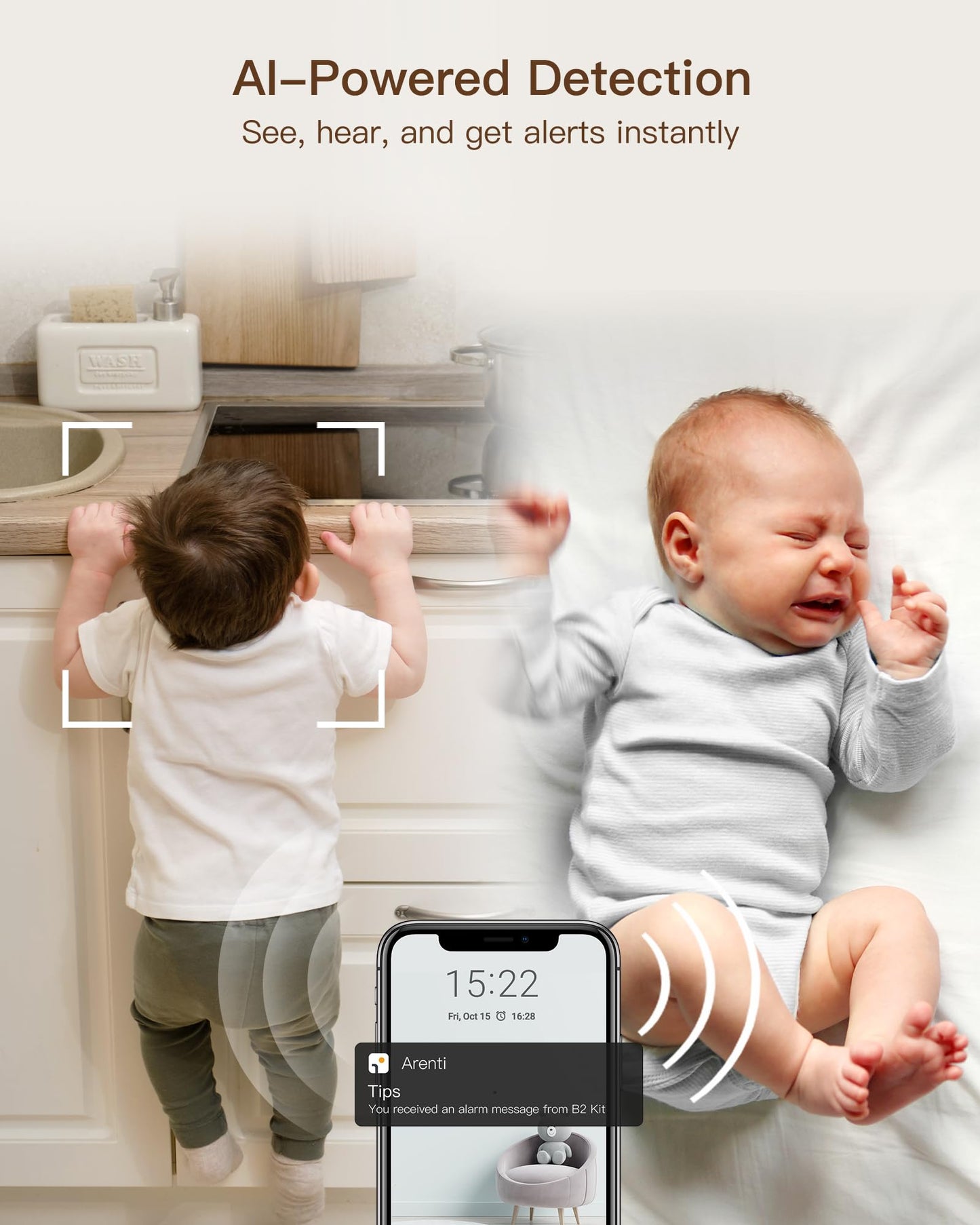 ARENTI Baby Monitor 2 Cameras, Smart Baby Camera with 5-Inch Wireless Display, Super Night Vision, Temperature Sensor, Sound Detection, Auto Motion Tracking, 2-Way Audio, VOX Mode(B2 Set)