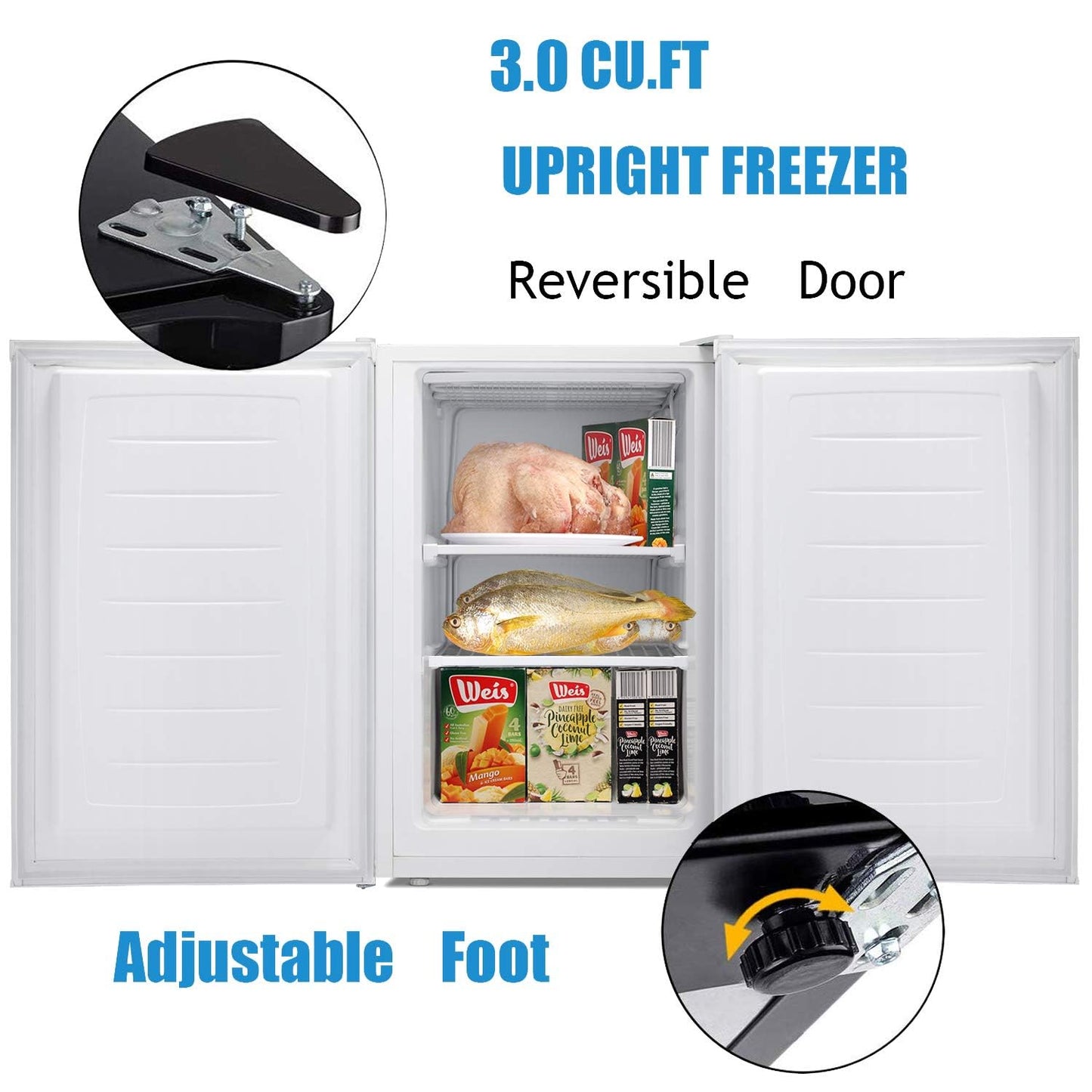 Antarctic Star 3.0 Cu.Ft Upright Freezer, Compact Mini Freezer with Reversible Door, 7-Temp Control, Removable Shelves, Stainless Steel for Dorm, Home, Office, White