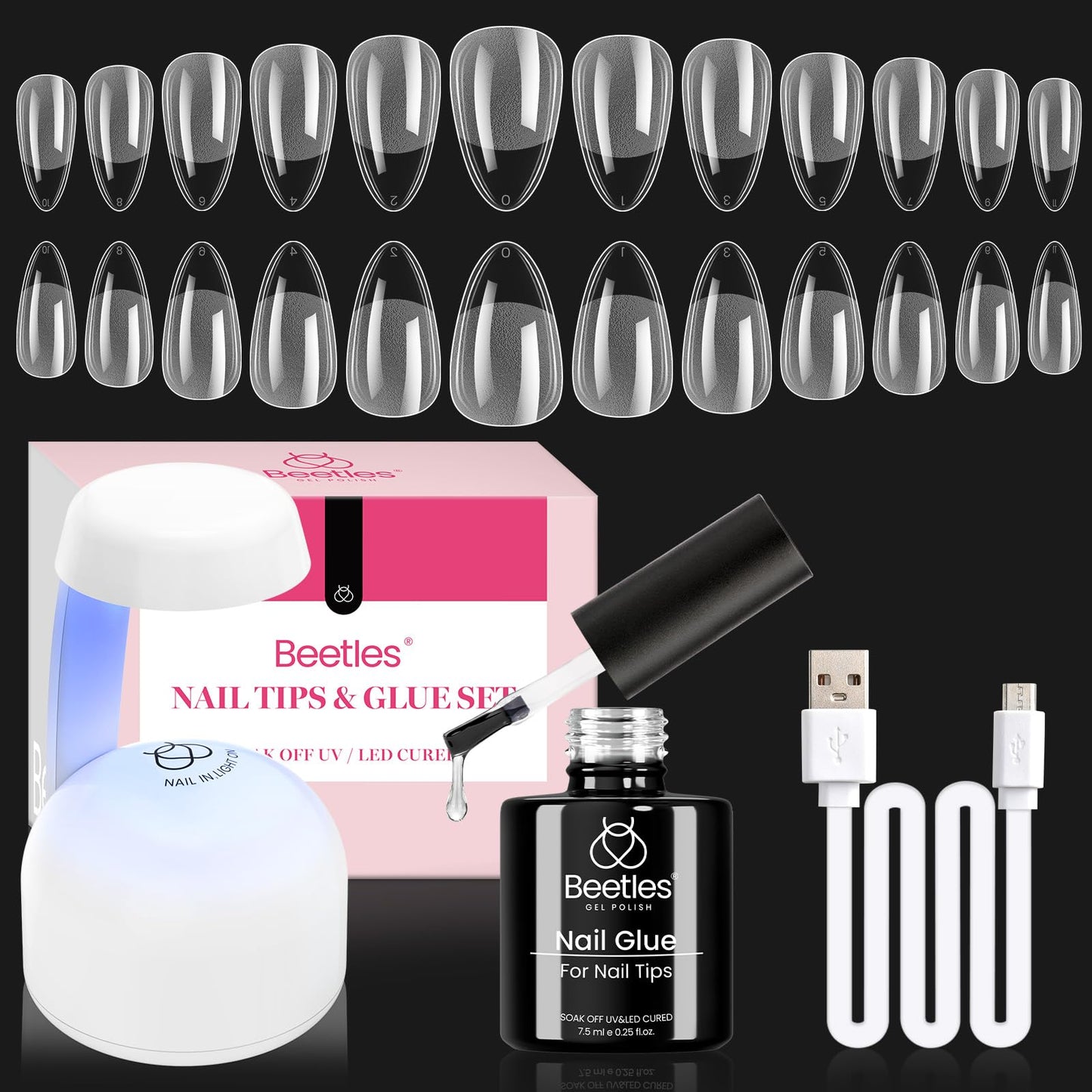 Beetles Gel Nail Kit Amond Shape - 504Pcs Gel Nail Kit Easy Extension Set Etch X Nail Tips Short Almond Half Matte Nail Tips 9 in 1 Glue Uv Led Light Gift for Women