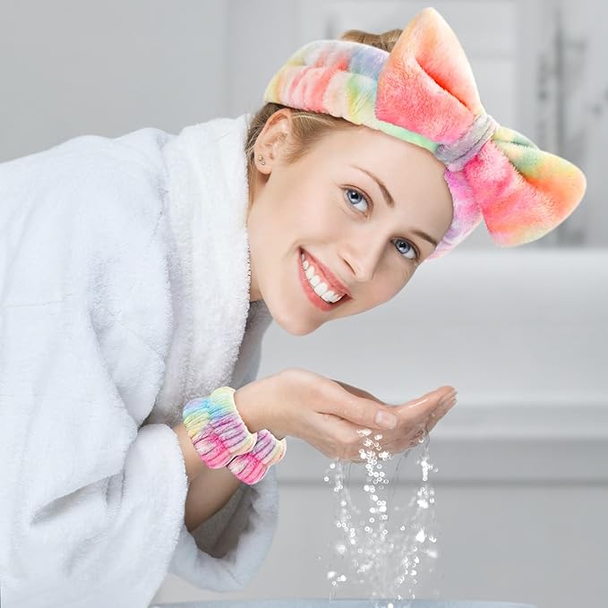 6PCS Spa Headband and Wristband Set for Face Washing, Soft Microfiber Skincare Hairband with Bow, Soft Absorbent Wrist Towels for Women Girls, For Makeup, Facial, Shower, Yoga