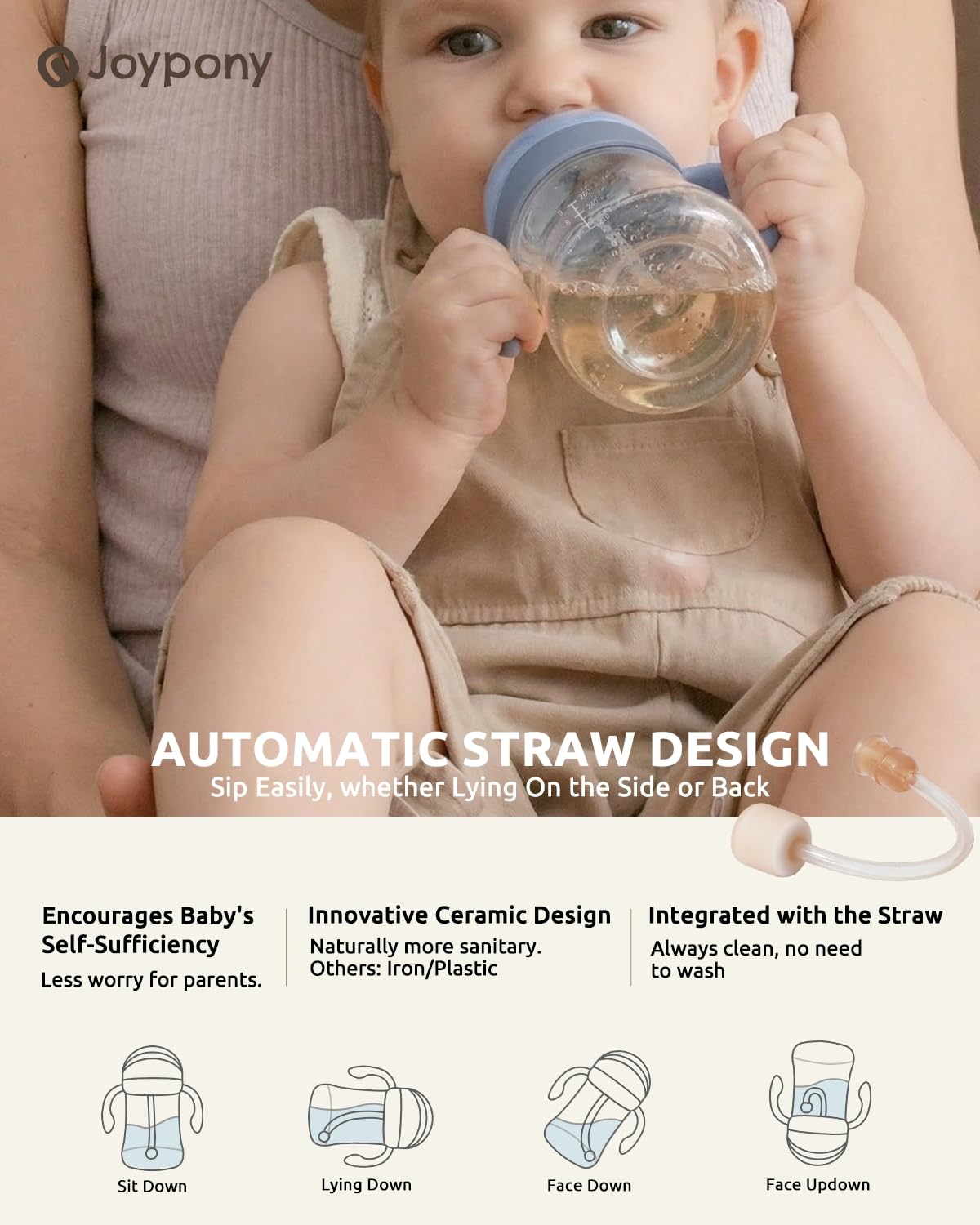 Joypony Sippy Cups for Toddlers 1-3, Spill Proof Weighted Straw Cup with Handle for Baby 6 Months + old, 2 Silicone Straws, PPSU, BPA Free, 9 oz (Blue)