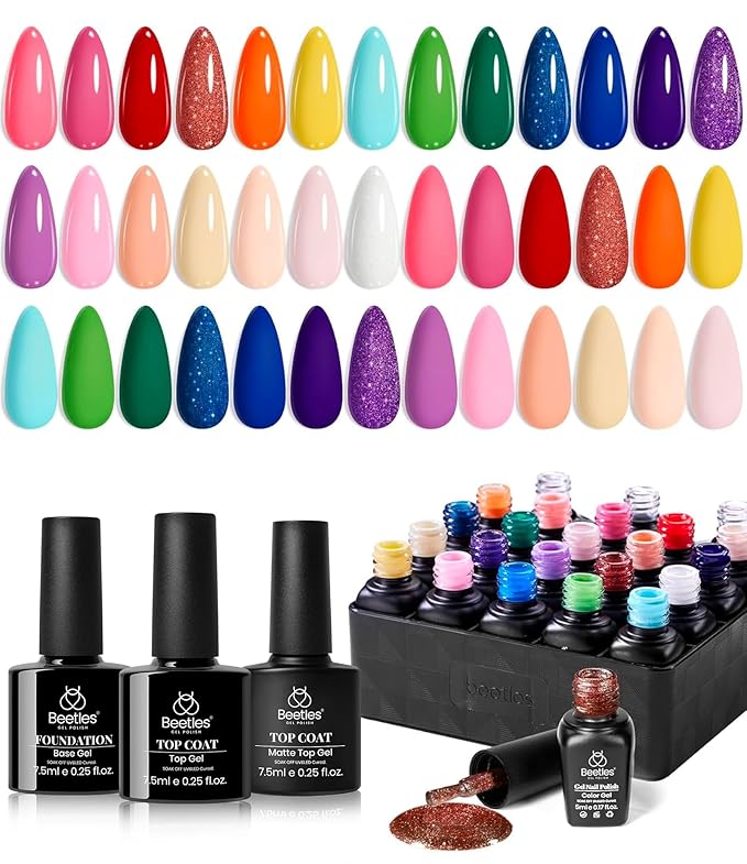 beetles Gel Polish Set, 23pcs Rainbow Gel Nail Polish Pink Orange Green Red Glitter Color with Base Glossy and Matte Top Coat Manicure Kit Shoujo Manga Soak Off Uv Led Gifts for Women