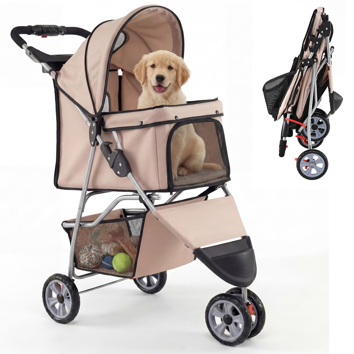 Giantex 3 Wheel Foldable Dog Stroller for Small Dogs Cats, Lightweight Pet Stroller with Lockable Wheels, One-Hand Quick Fold, Mesh Windows, Safety Leash & Storage Basket, Pet Travel Stroller (Beige)